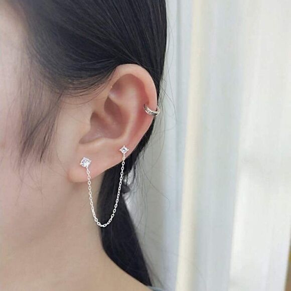 Crystal Chain Stud Sterling Silver Cartilage Double Piercing Climber Earring NEW - Picture 12 of 16